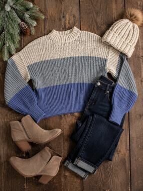 My Michelle Color Block Chunky Knit Mock Neck Sweater Blue Cream Gray Large